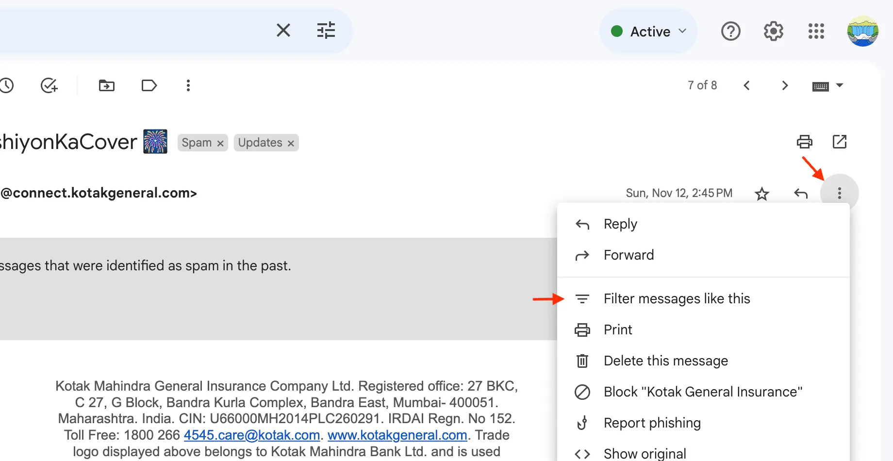 Click three dots icon and choose Filter messages like this on Gmail Click three dots icon and choose Filter messages like this on Gmail