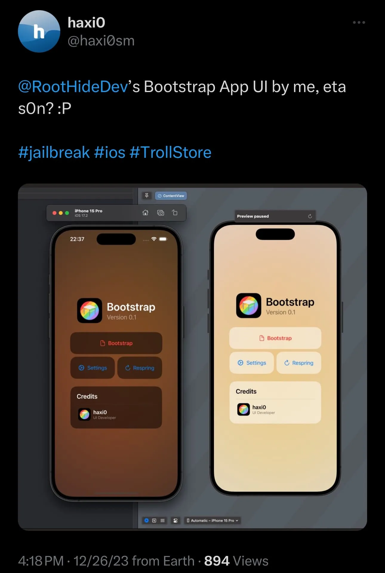 Tweet, der die kommende Benutzeroberfläche der RootHide-Bootstrap-App für TrollStore 2 vorstellt.