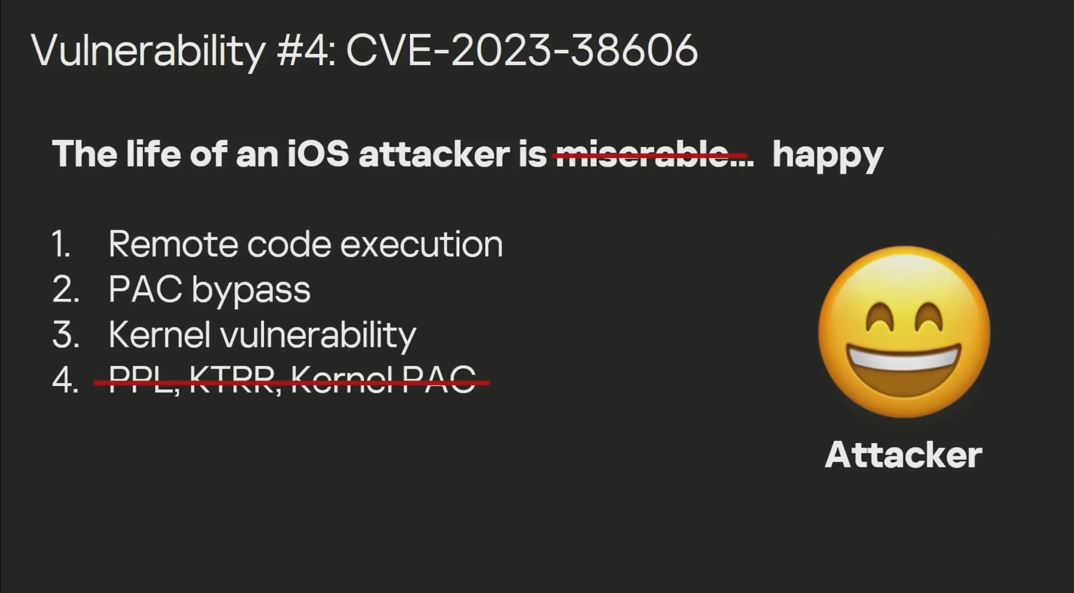 Une diapositive de l'exposé sur le contournement KTRR de l'équipe Kaspersky à 37c3.