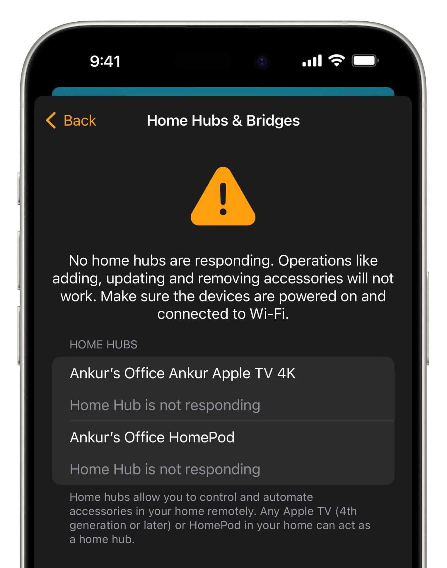 Aucun hub domestique ne répond au message dans l'application iPhone Home