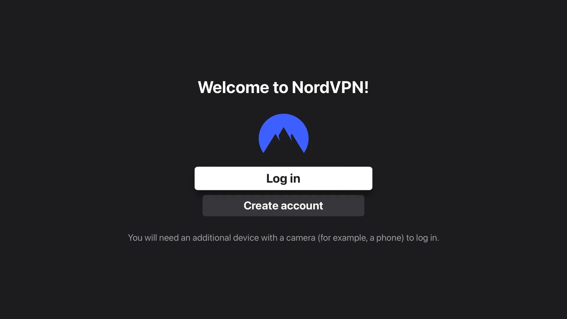 The welcome screen in NordVPN for Apple TV offering the Log In and Create Account options The welcome screen in NordVPN for Apple TV offering the Log In and Create Account options