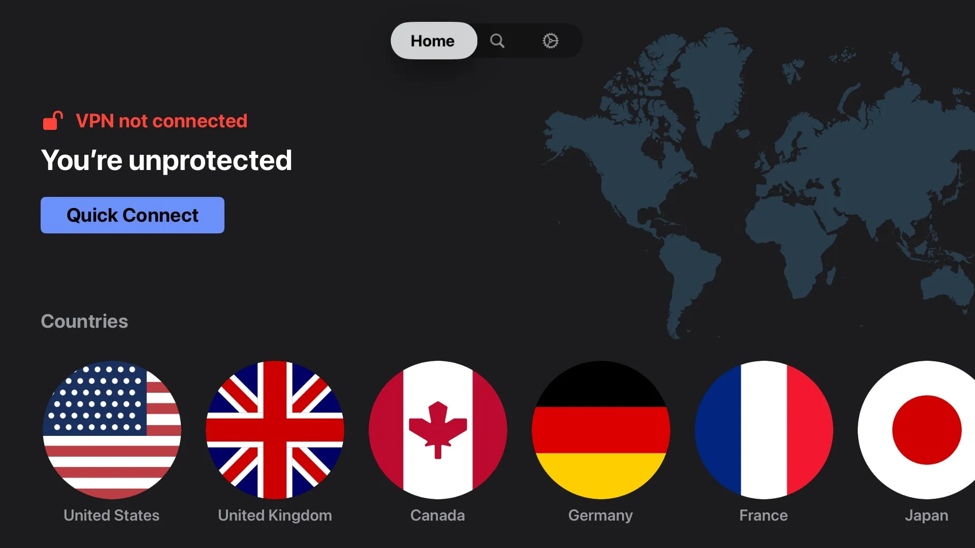 The main screen in NordVPN for Apple TV The main screen in NordVPN for Apple TV