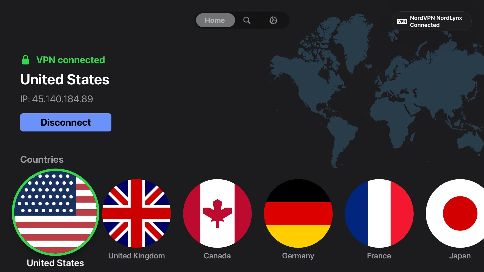 The main screen in NordVPN confirming the Apple TV is using a VPN via a US-based server The main screen in NordVPN confirming the Apple TV is using a VPN via a US-based server