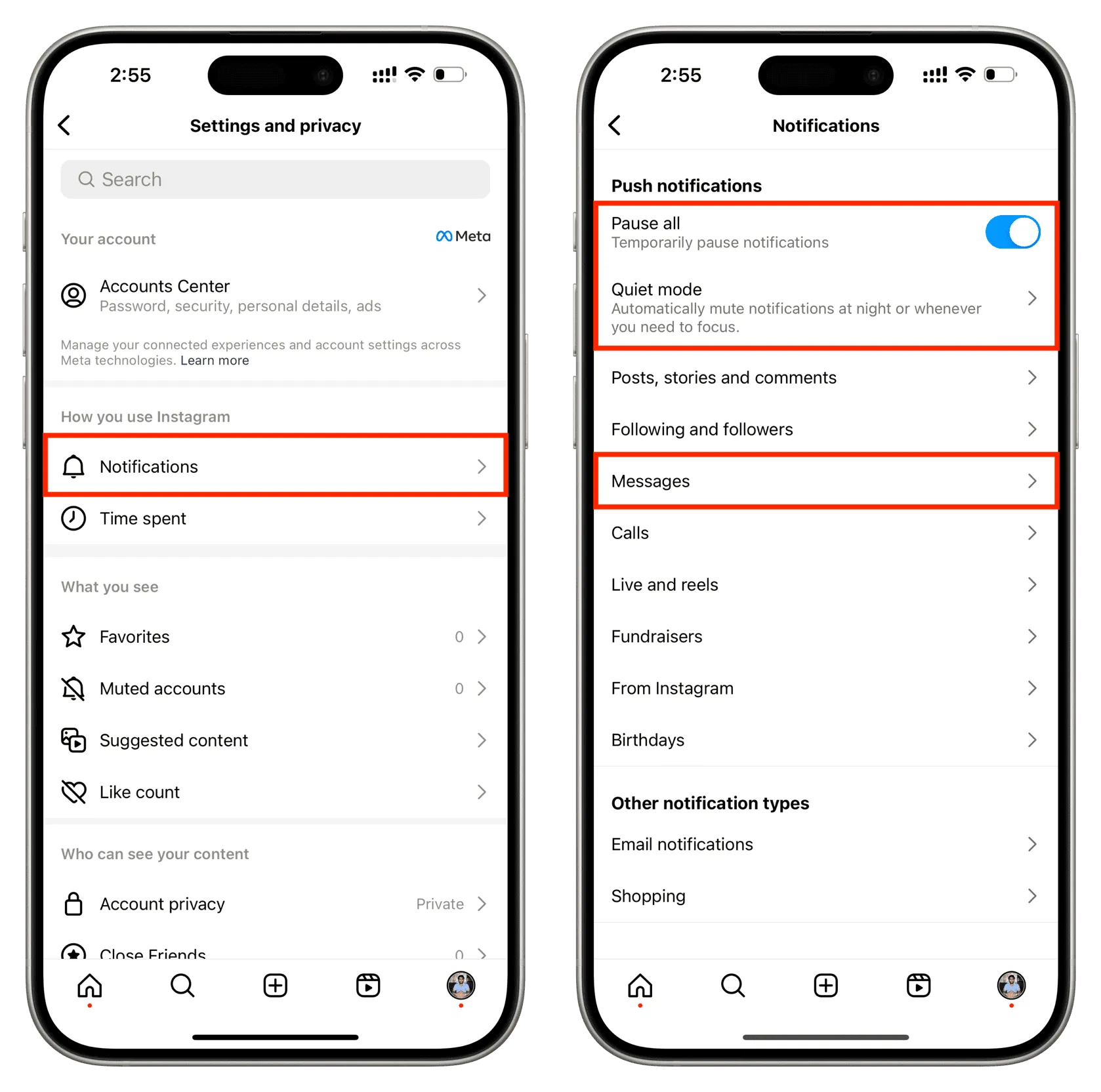 Notifications settings in Instagram app Notifications settings in Instagram app