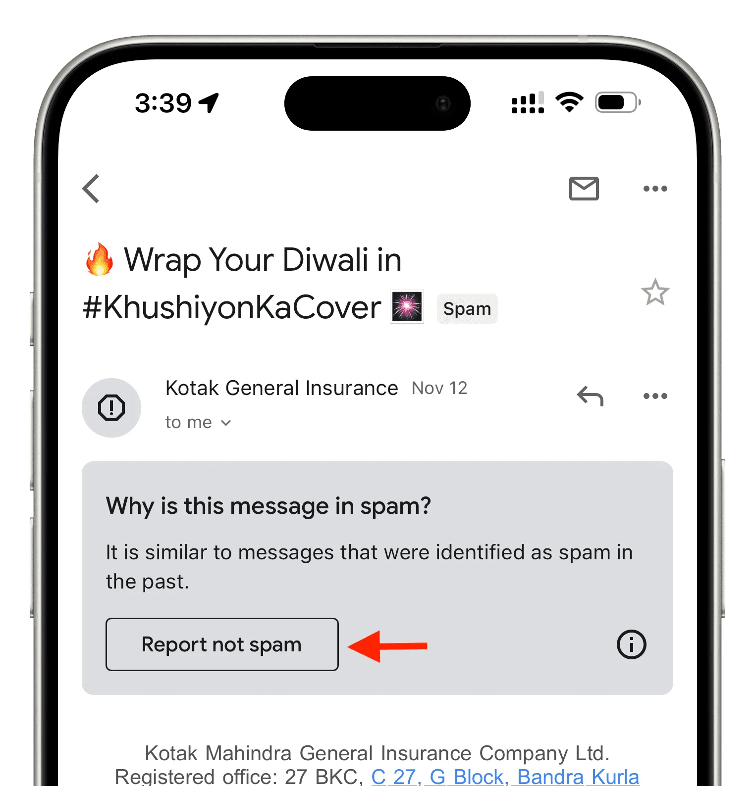 Report not spam in Gmail app on iPhone Report not spam in Gmail app on iPhone