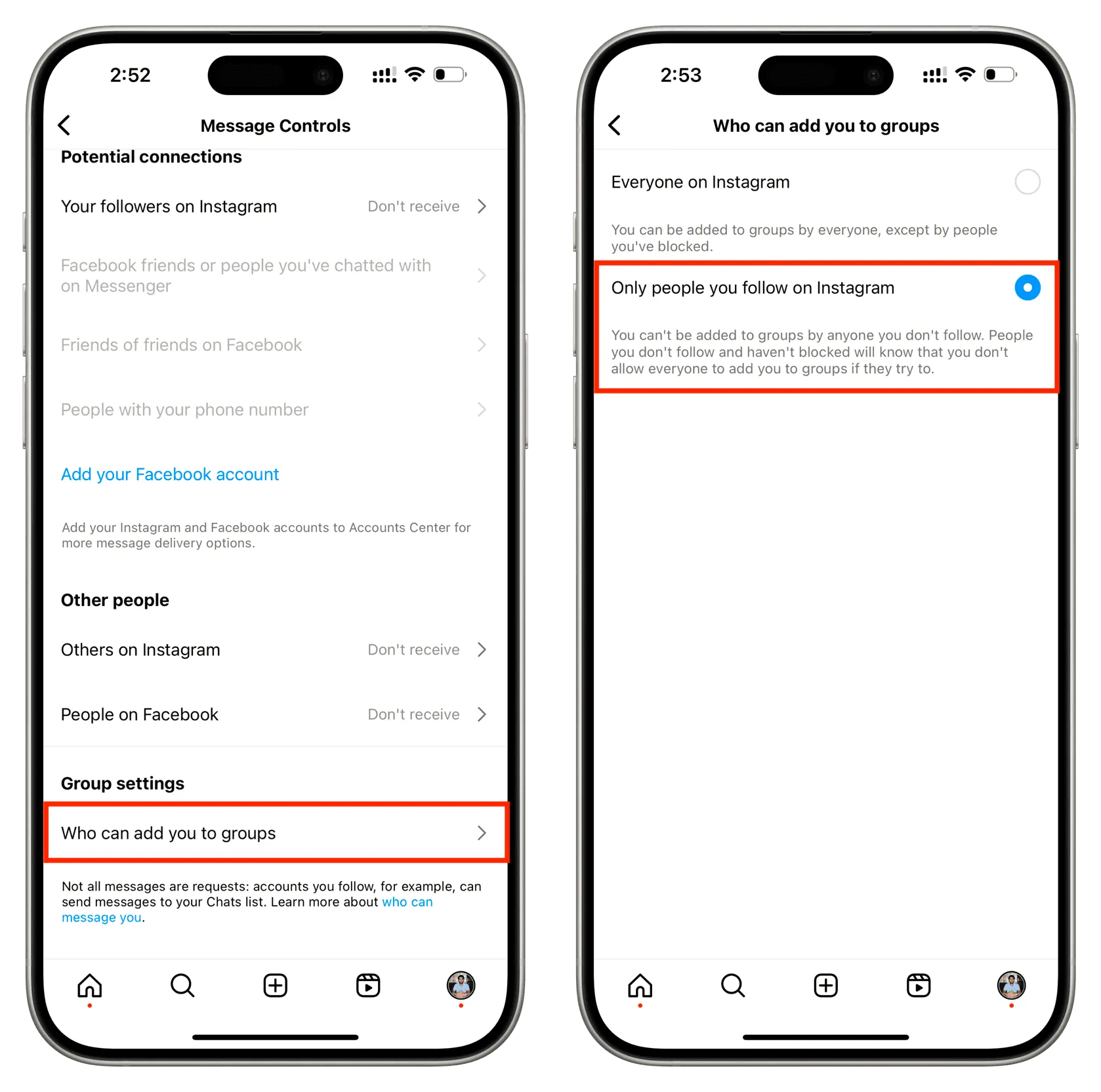 Restrict who can add you to message groups on Instagram Restrict who can add you to message groups on Instagram