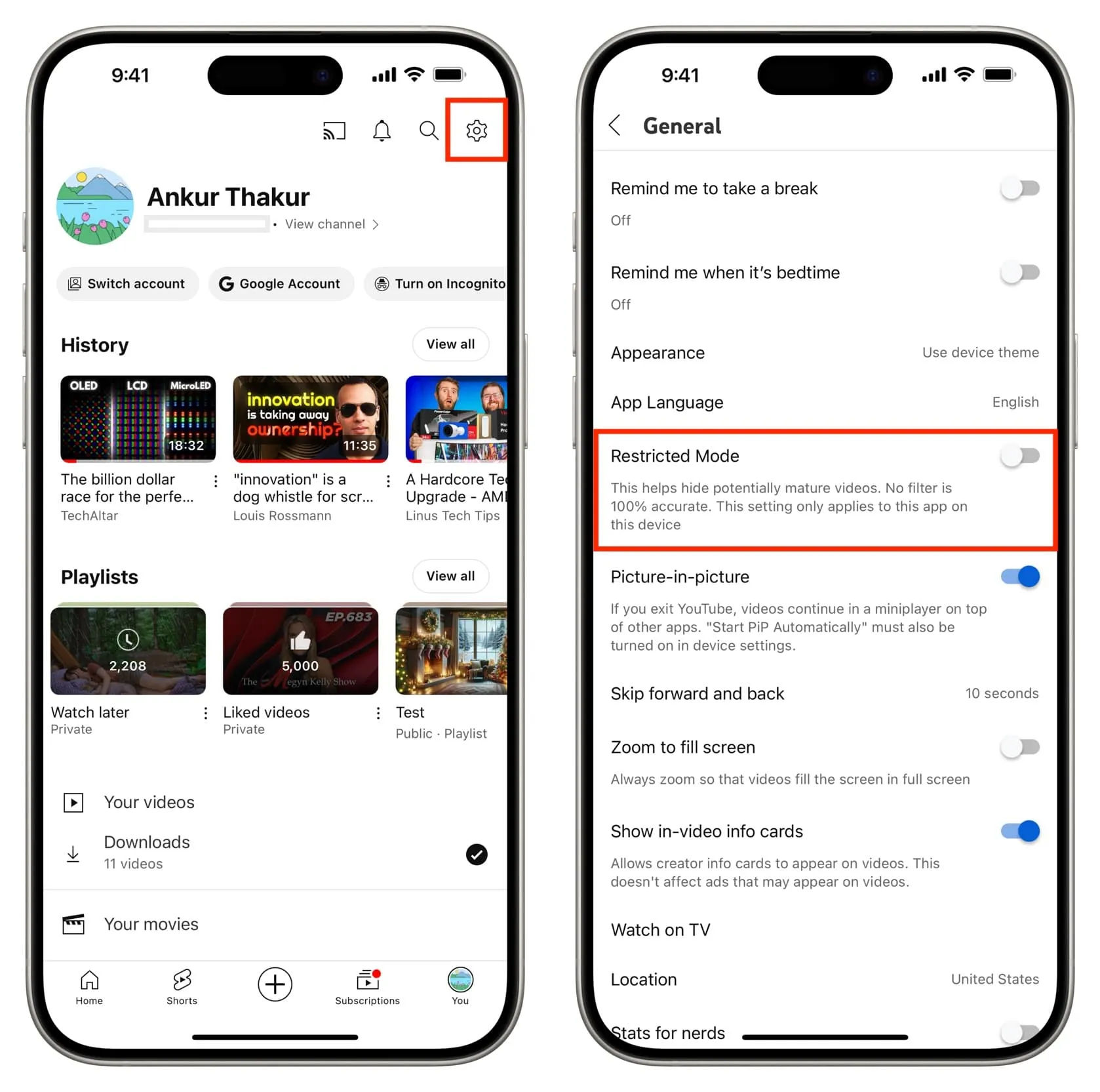 Mode restreint désactivé dans l'application YouTube sur iPhone