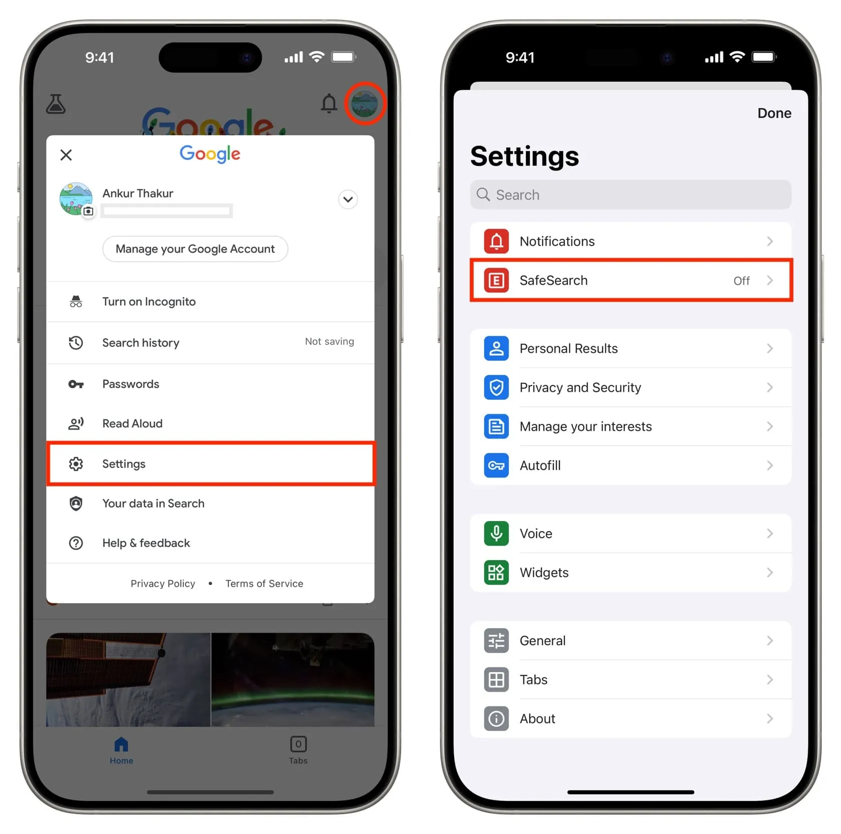 SafeSearch désactivé dans l'application Google sur iPhone