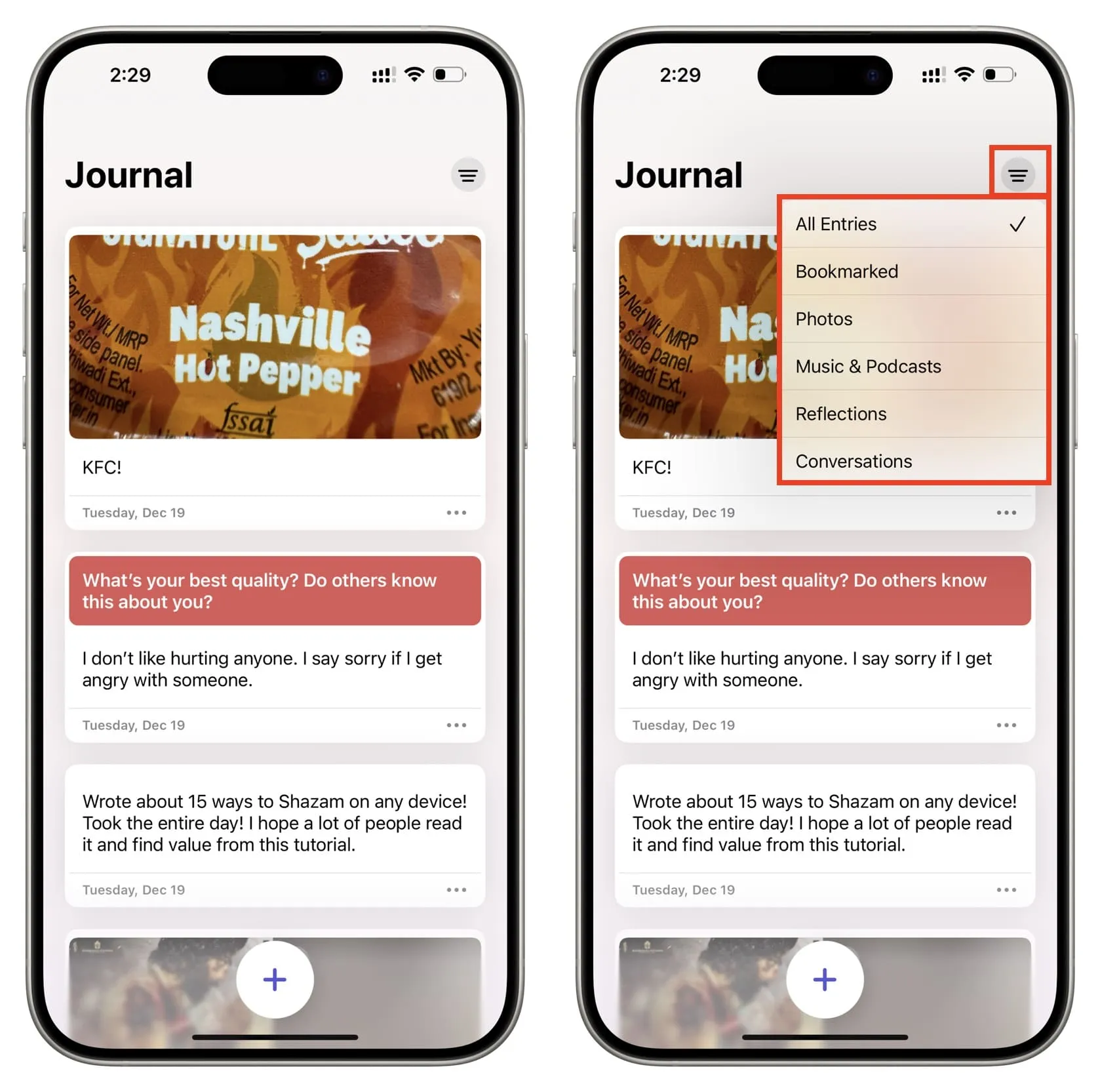 Voir toutes les entrées du journal et les filtrer sur iPhone