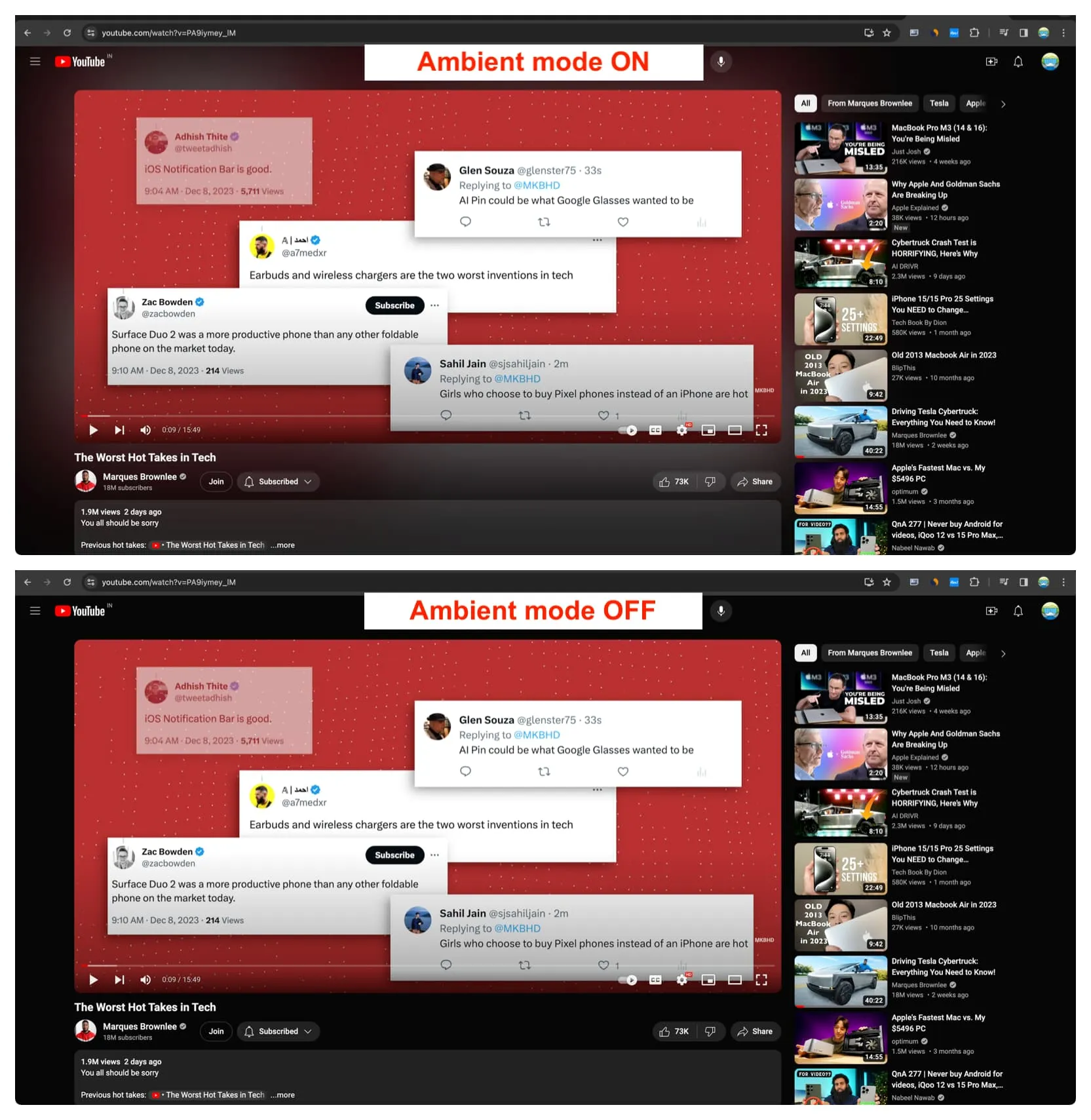 YouTube Ambient mode on and off in web browser YouTube Ambient mode on and off in web browser