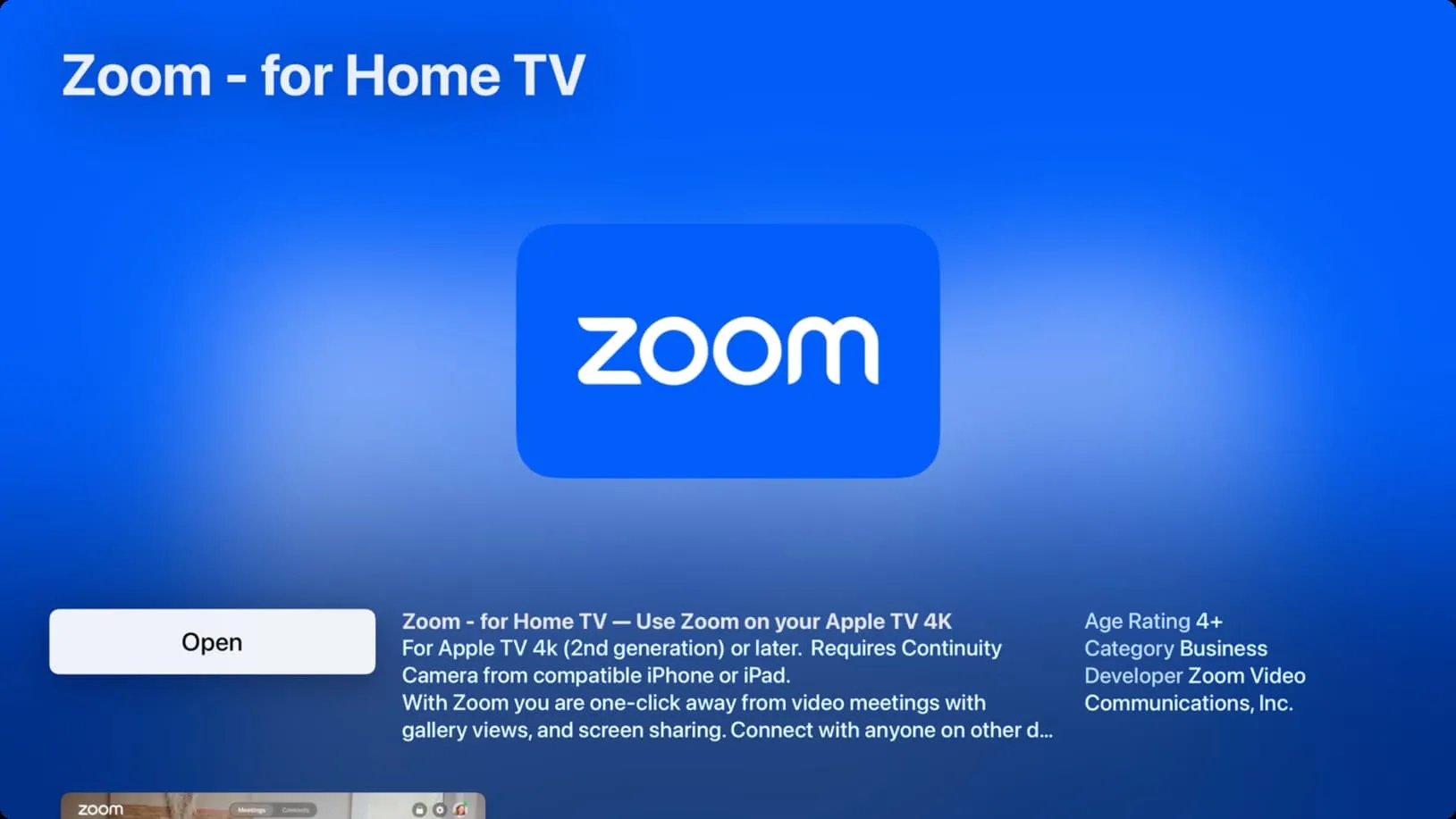 Auf Apple TV heruntergeladene Zoom-App
