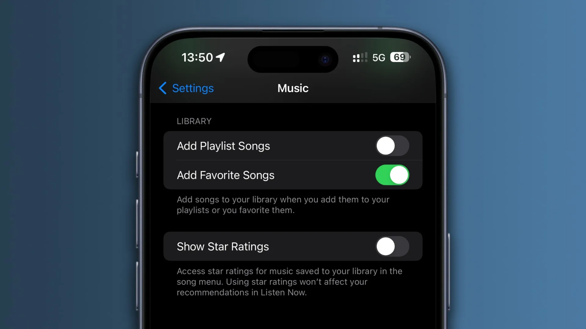 Settings for the iPhone's Music app with the option to automatically add favorite songs to the library enabled Settings for the iPhone's Music app with the option to automatically add favorite songs to the library enabled