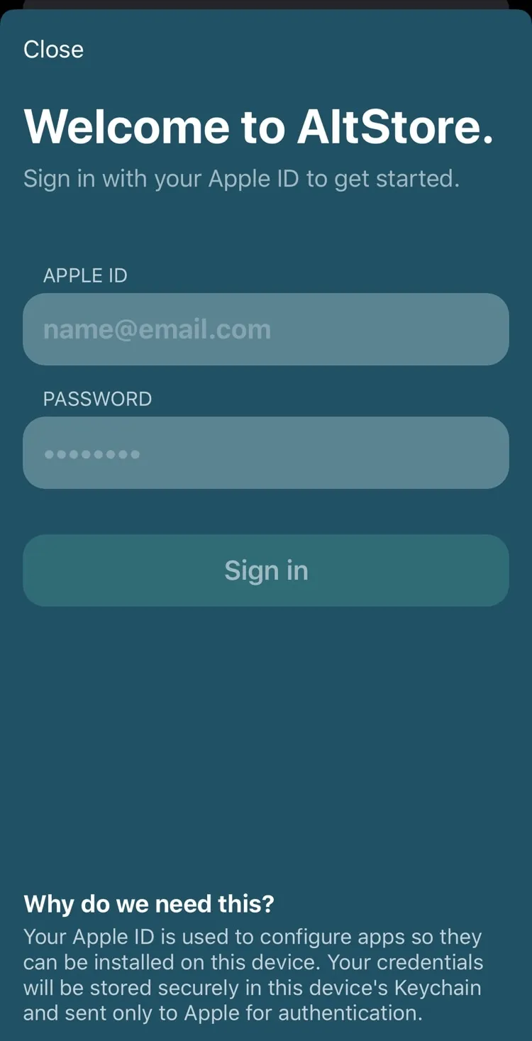 Faça login no ID Apple no aplicativo AltStore.