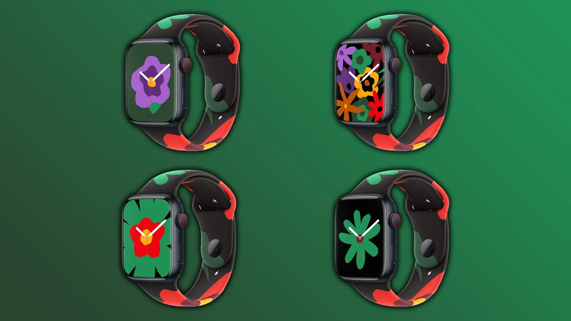 Fyra Apple Watches som visar olika 2024 Black Unity-urtavlor, inställda mot en mörkgrön gradient