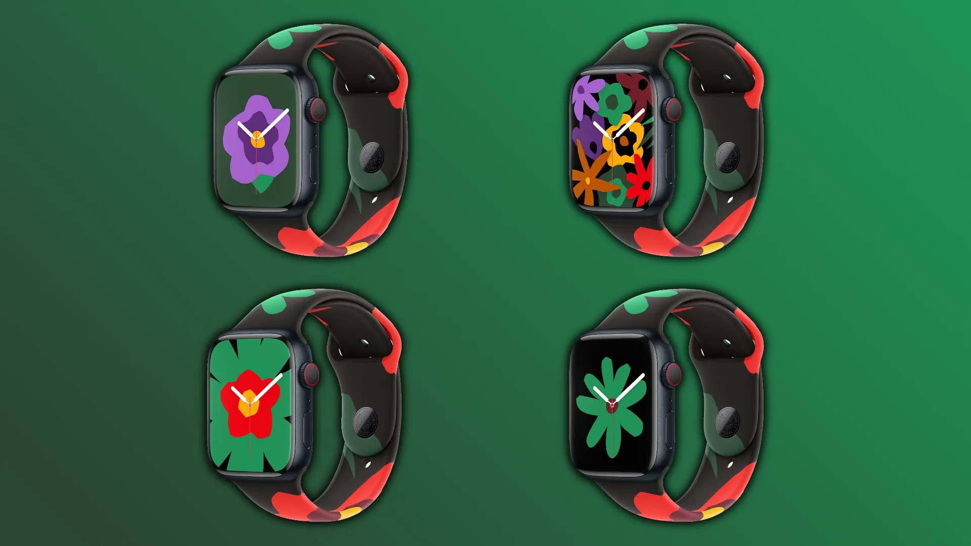 Cuatro relojes Apple que muestran diferentes diseños de esferas de reloj Black Unity 2024, en contraste con un degradado verde oscuro