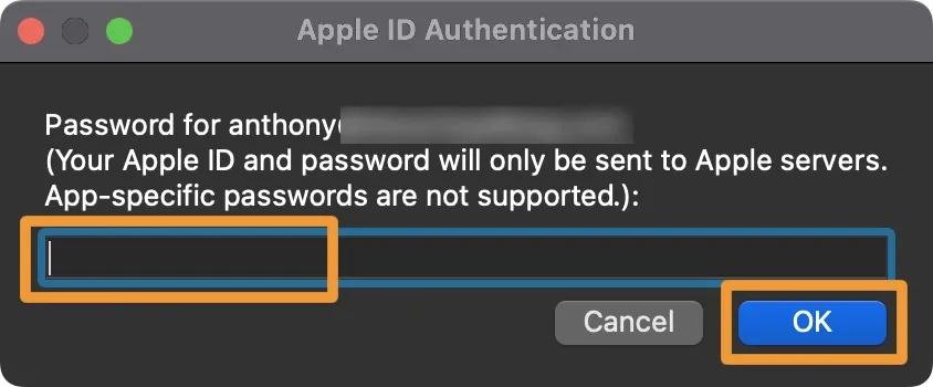 Entrez le mot de passe de l'identifiant Apple dans Sideloadly et cliquez sur OK.
