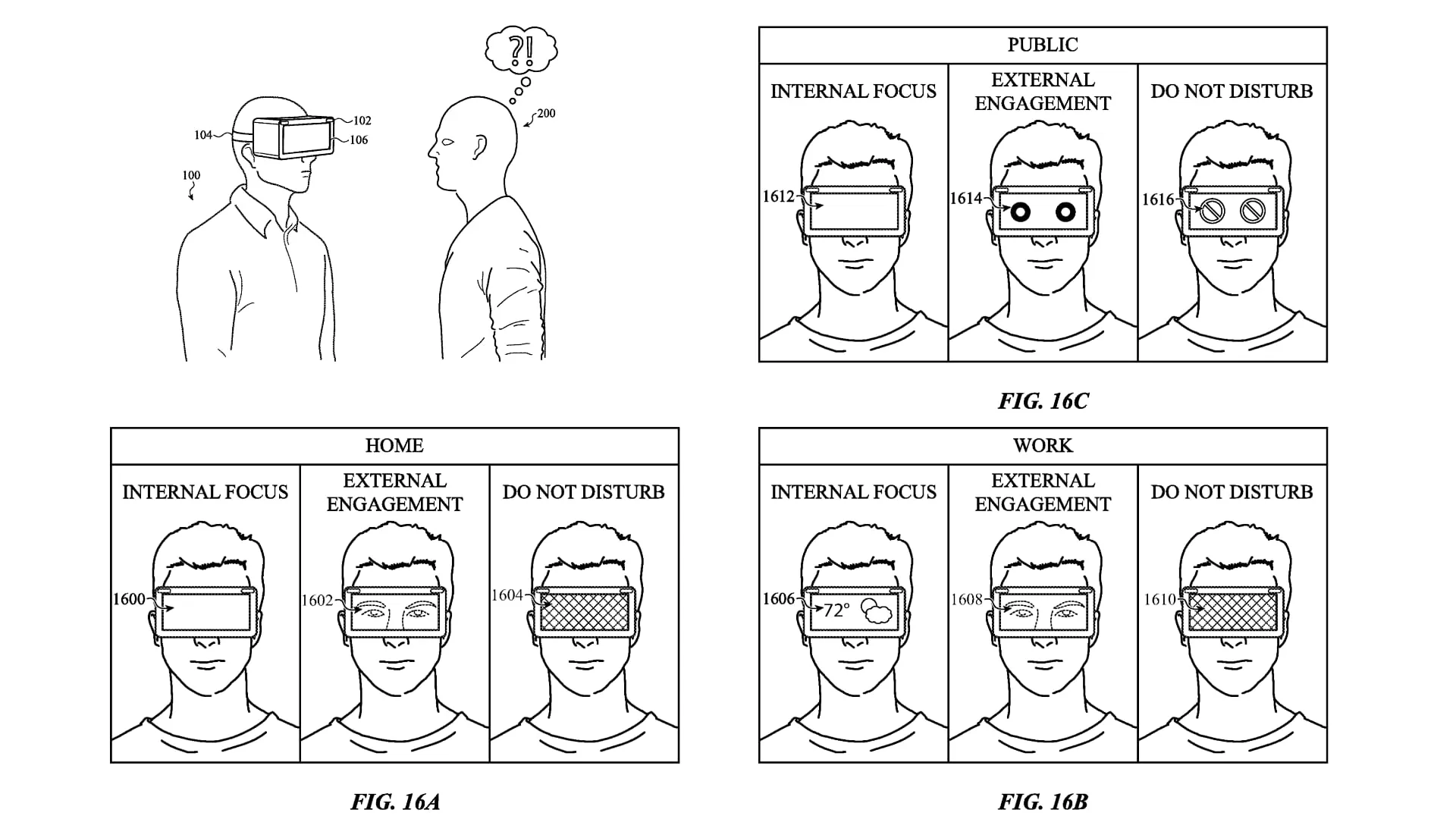 Desenho de patente da Appel ilustrando vários casos de uso do Vision Pro EyeSight para uso público, doméstico e profissional