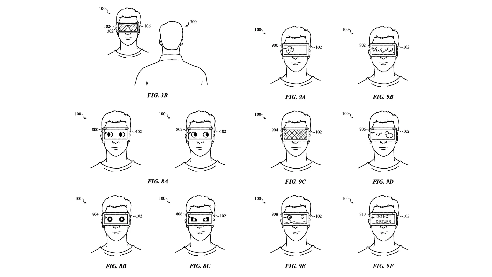 Odvolací patentový nákres představující různé symboly na displeji EyeSight Vision Pro