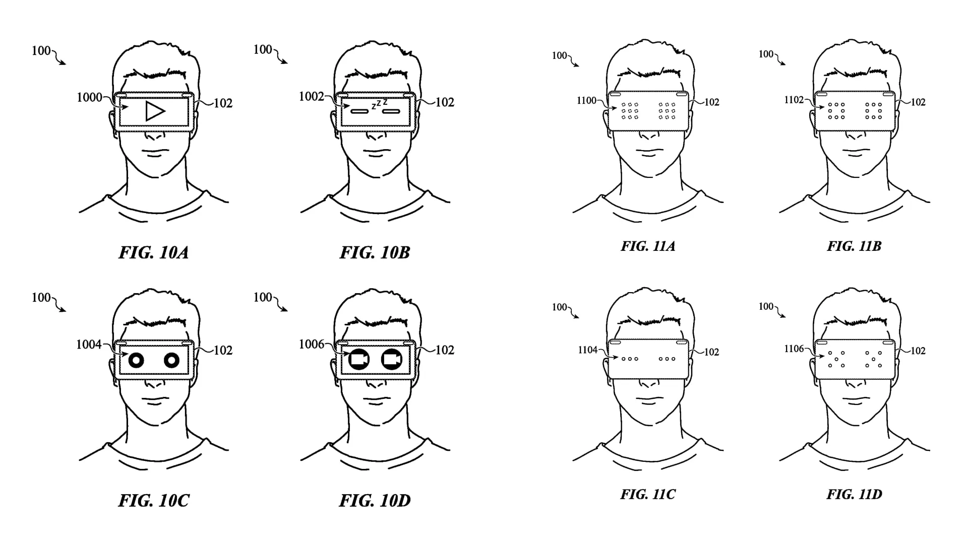 Apple-Patentzeichnung, die Zoom-Augen und verschiedene Symbole auf dem EyeSight-Display des Vision Pro veranschaulicht