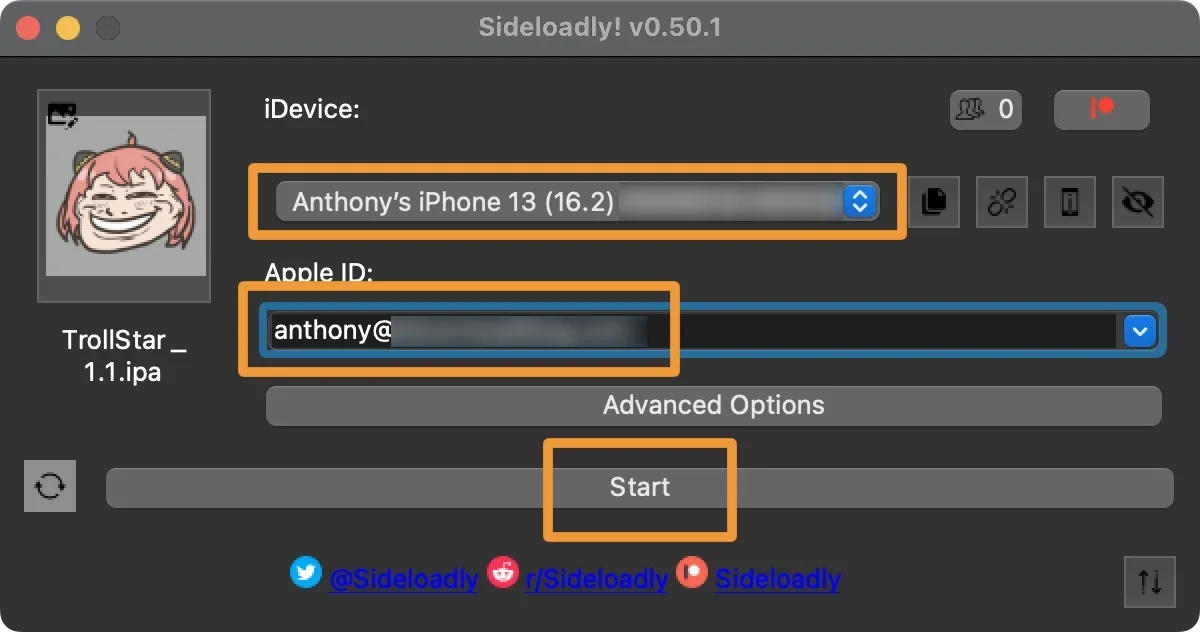 Choisissez l'appareil dans Sideloadly et entrez votre identifiant Apple avant de cliquer sur Démarrer.