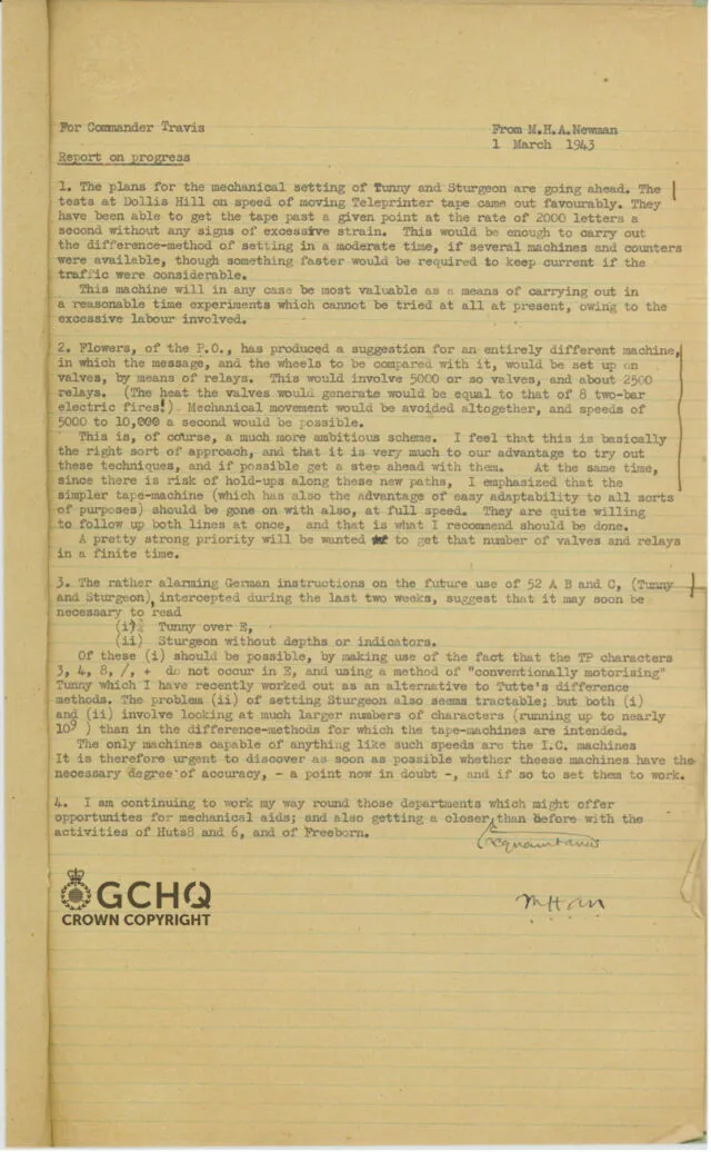 Ett brev från 1943 om arbete som görs för att dechiffrera kommunikation mellan nazister, tillhandahållet av GCHQ.