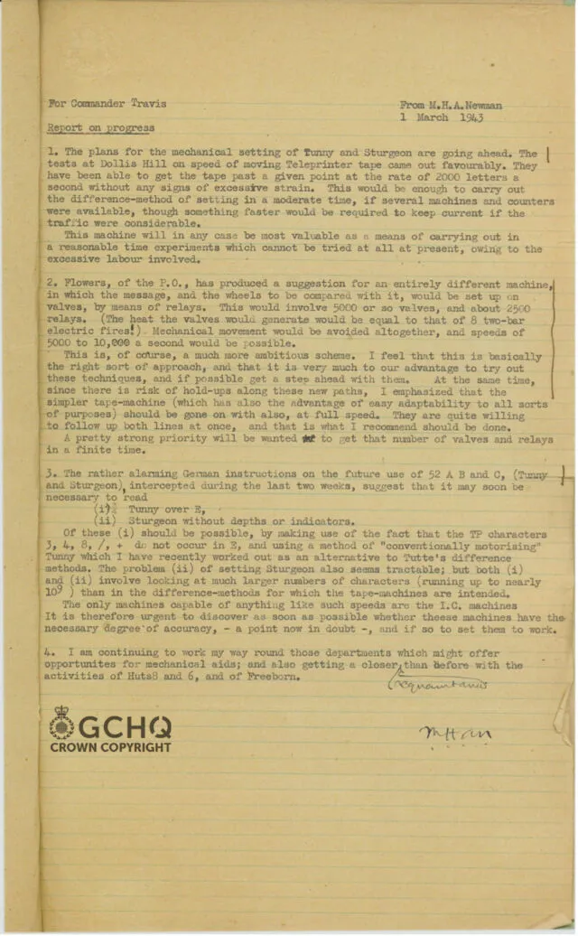 Una carta de 1943 que relata el trabajo realizado para descifrar las comunicaciones entre nazis, proporcionada por el GCHQ.