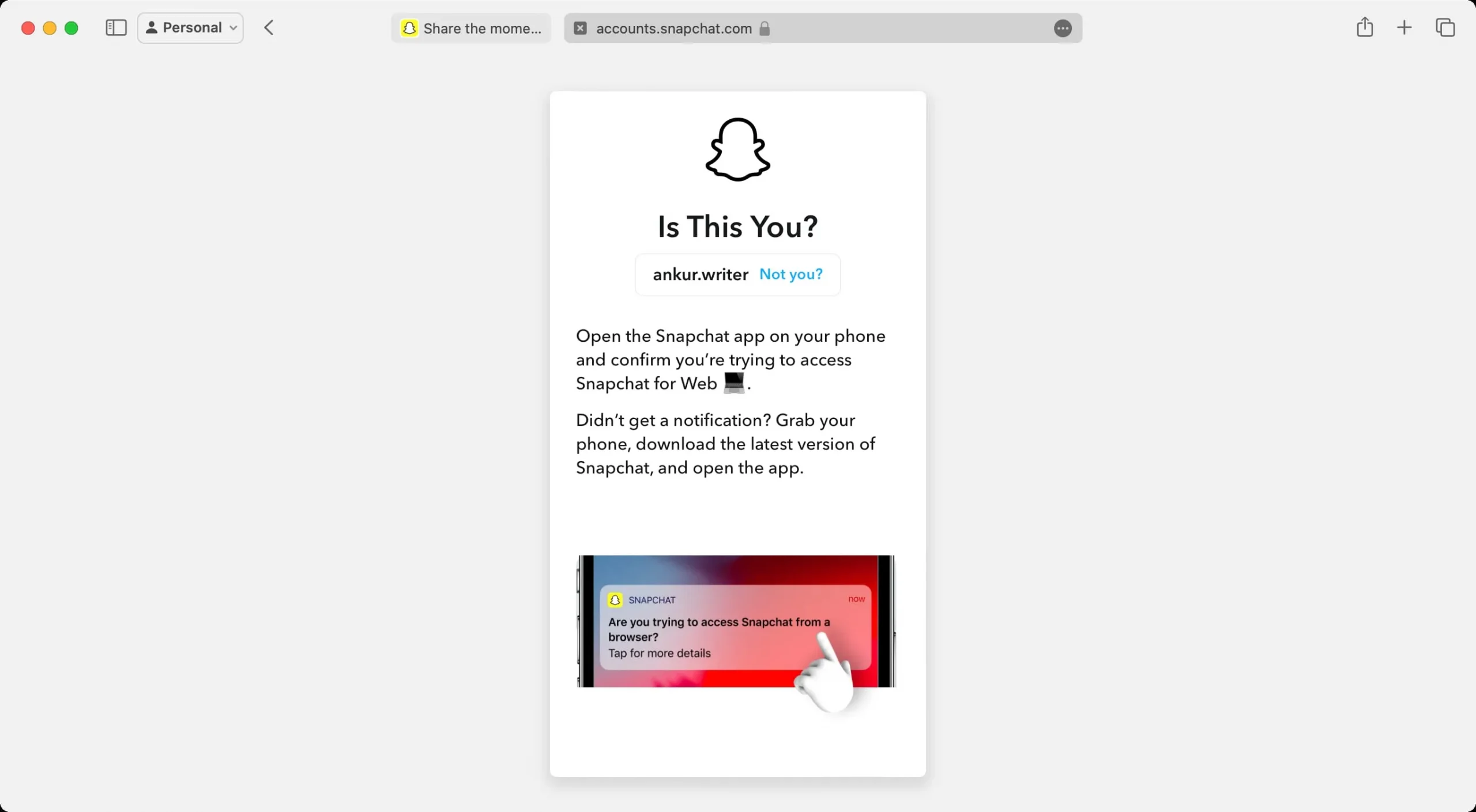 Confirmez que vous êtes connecté au Web Snapchat