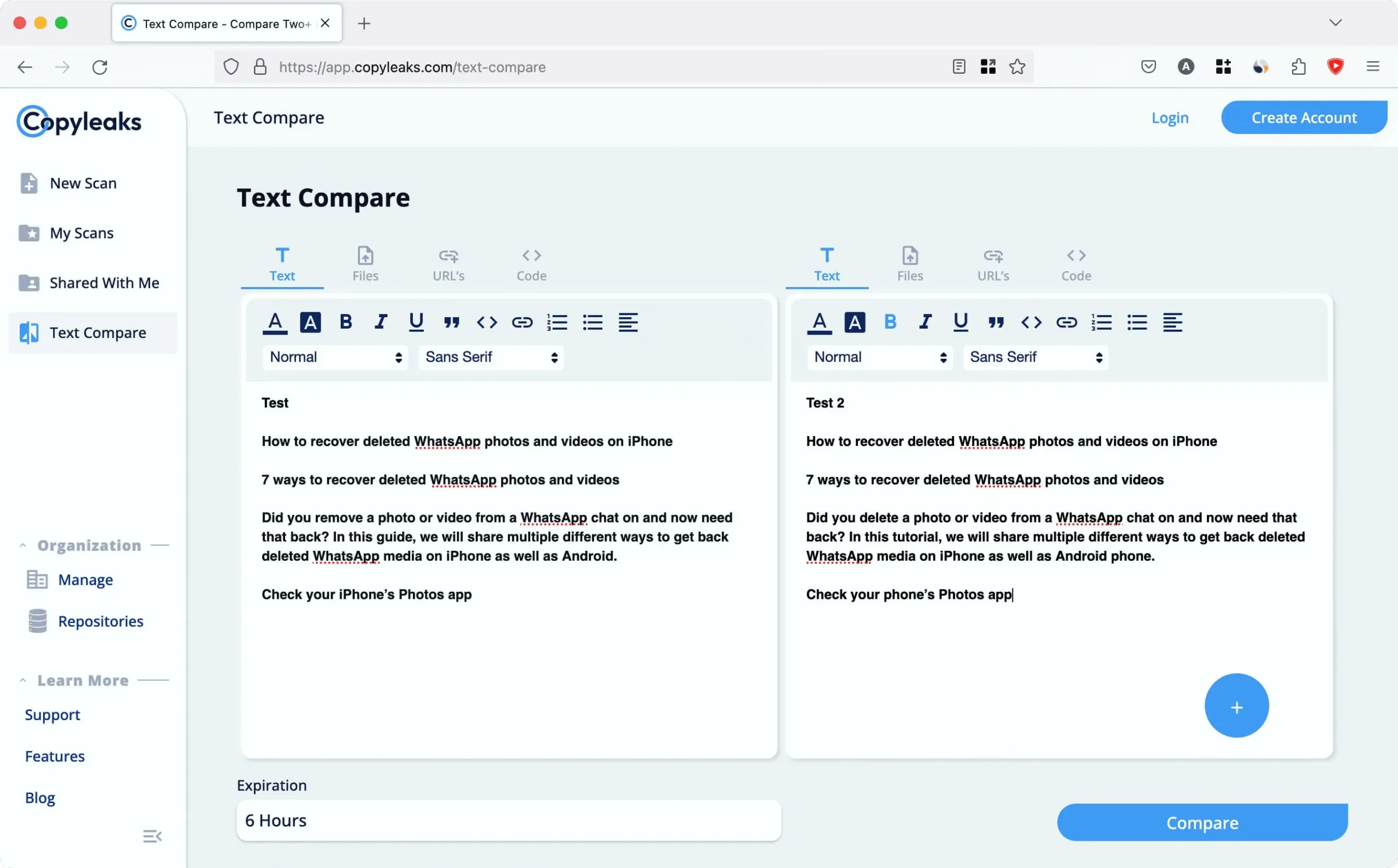 Comparación de texto de Copyleaks