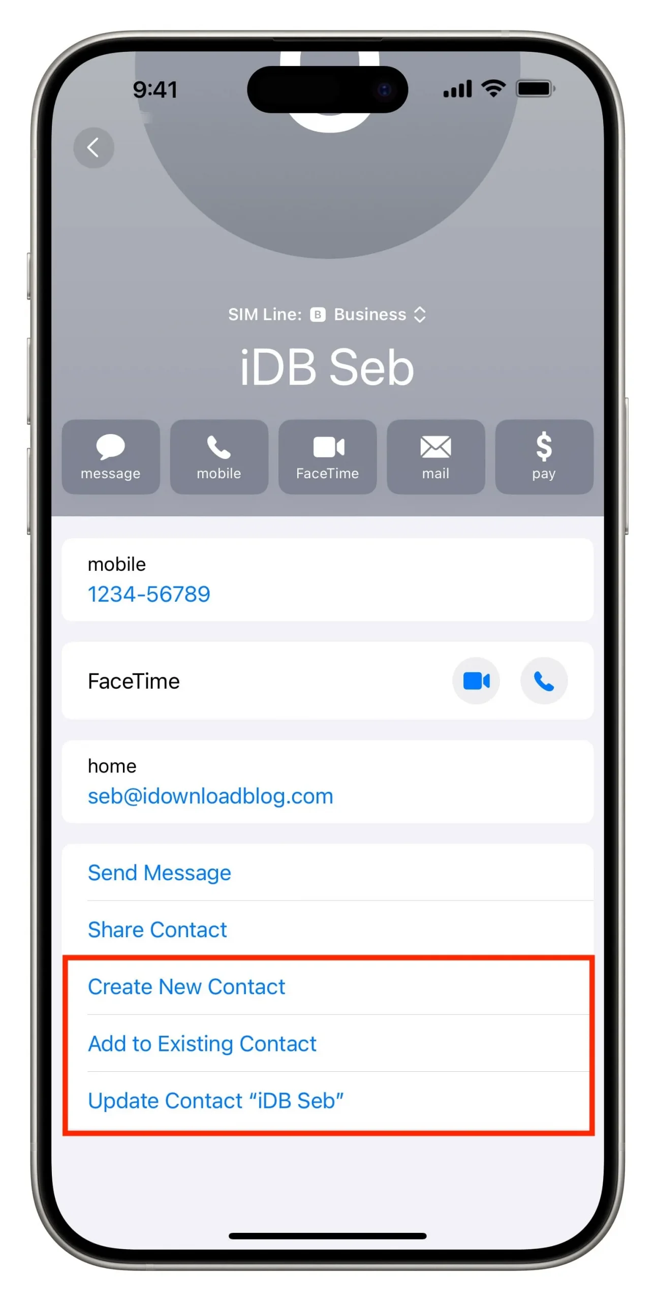 Opção Criar novo contato para contato recebido no iPhone