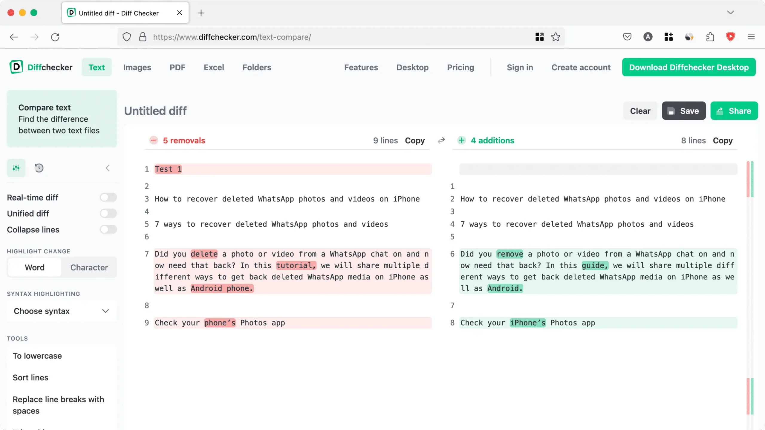 2 つのドキュメント間のテキストを比較する Diffchecker