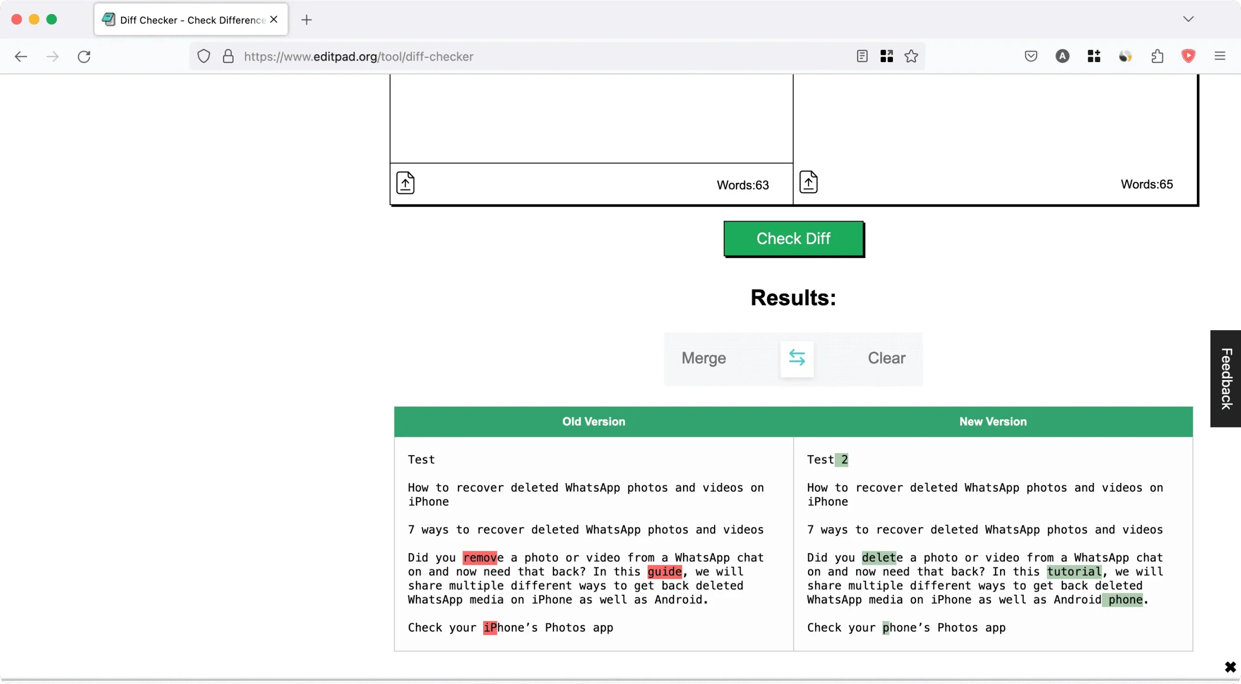 Panel de edición para comparar texto