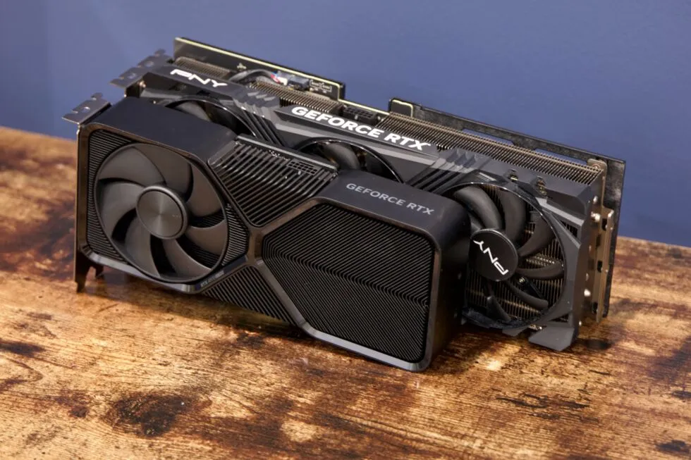 Like most OEM cards, Nvidia's partners tend toward large triple-fan designs most of the time. Unlike other RTX cards, Nvidia doesn't make a Founders Edition version of the 4070 Ti Super. PNY's card is pictured here next to a regular 4070 Super. Like most OEM cards, Nvidia's partners tend toward large triple-fan designs most of the time. Unlike other RTX cards, Nvidia doesn't make a Founders Edition version of the 4070 Ti Super. PNY's card is pictured here next to a regular 4070 Super.