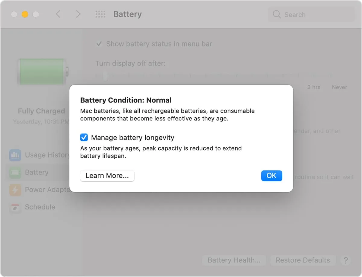 Gérer la longévité de la batterie dans les paramètres du MacBook