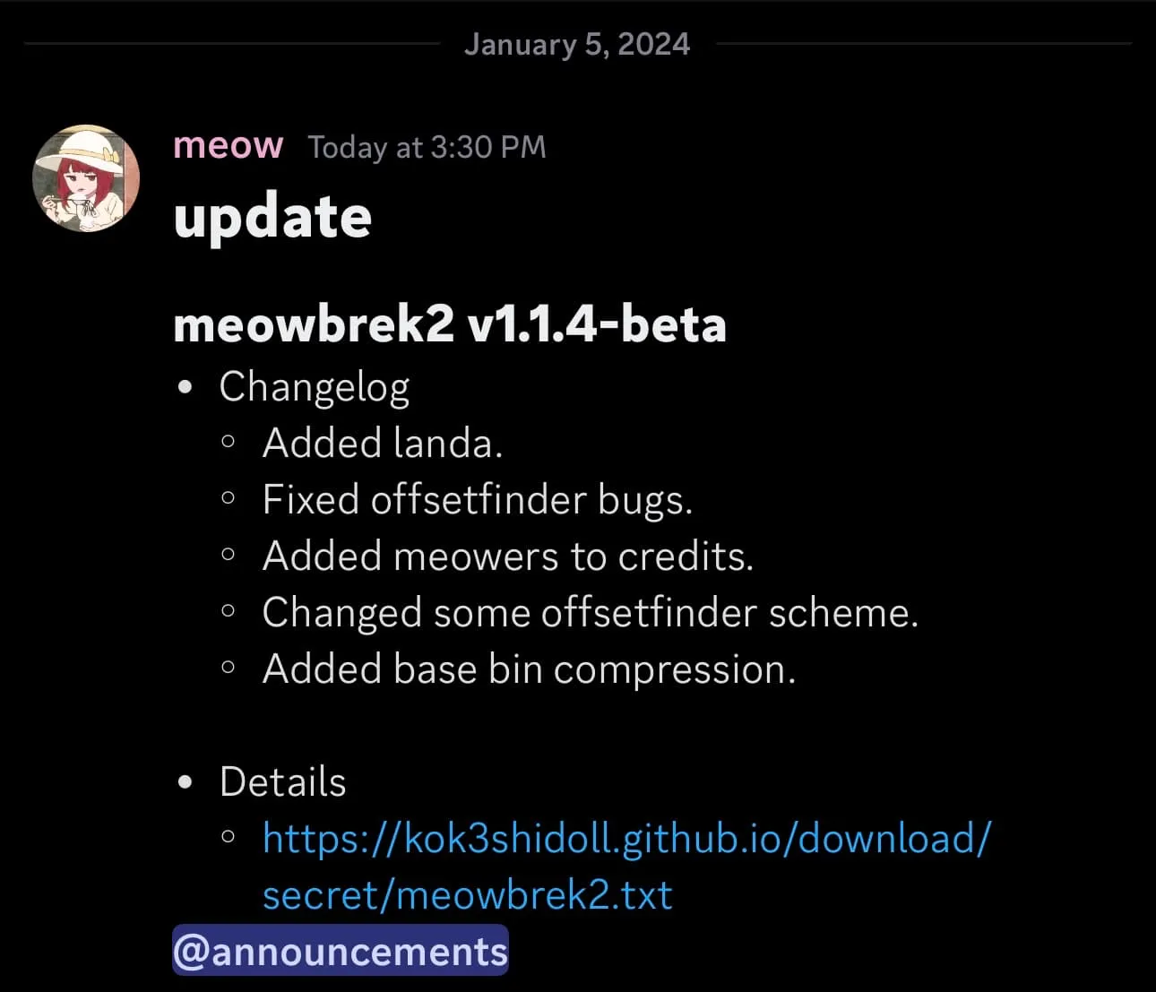 meowbrek2 v1.1.4 Beta veröffentlicht.