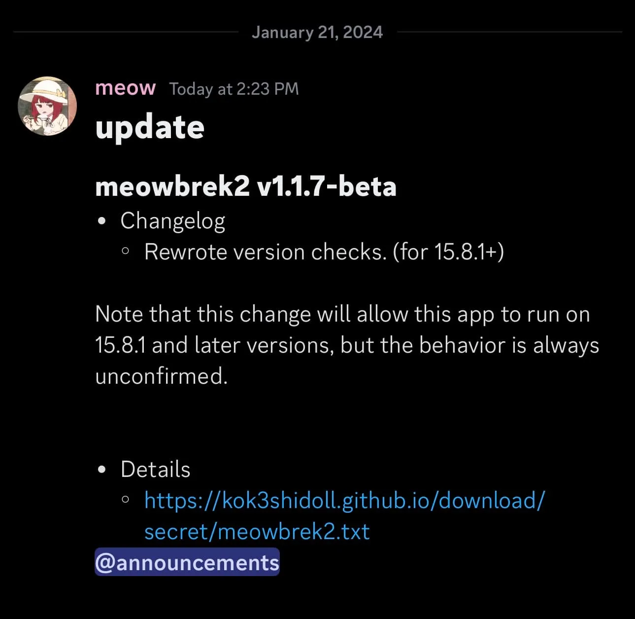 Meowbrek2 v1.1.7-bêta est sorti.