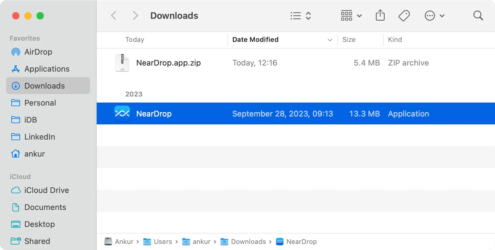 NearDrop app in Mac Downloads folder NearDrop app in Mac Downloads folder