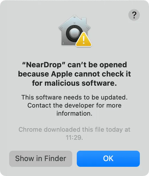 NearDrop can't be opened error NearDrop can't be opened error