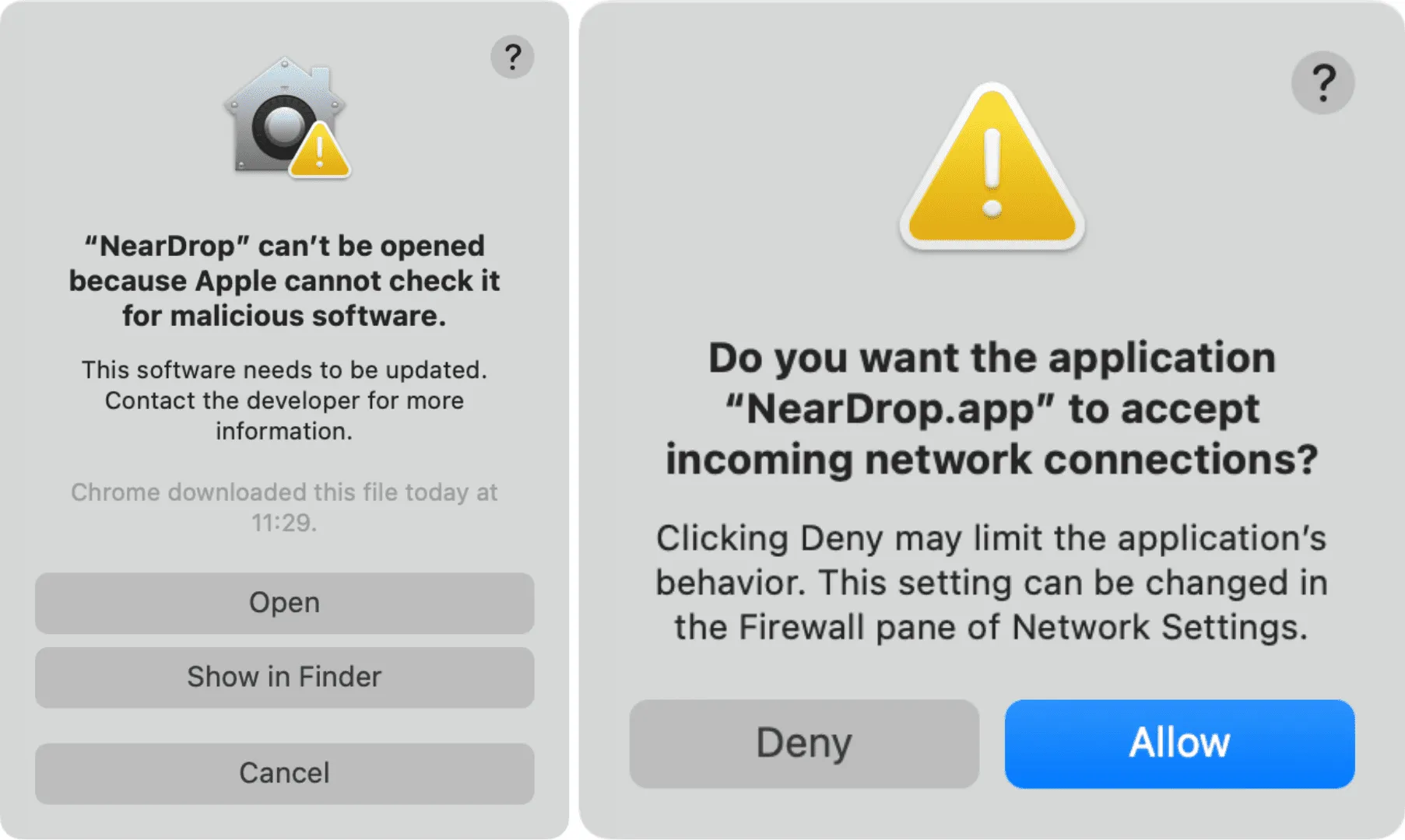 Open NearDrop and Allow it to accept incoming network connections on Mac Open NearDrop and Allow it to accept incoming network connections on Mac
