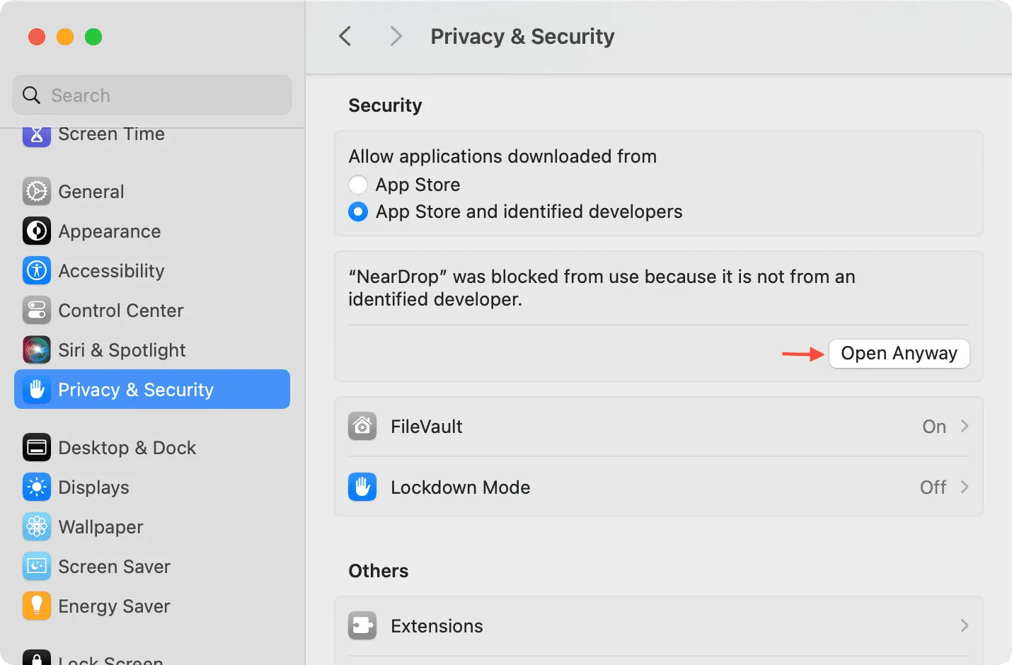 Open NearDrop anyway from Mac System Settings Open NearDrop anyway from Mac System Settings