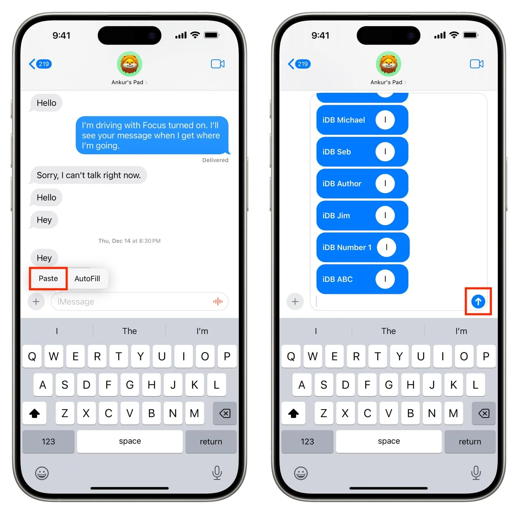 Collez le numéro de téléphone copié dans l'application Messages sur iPhone