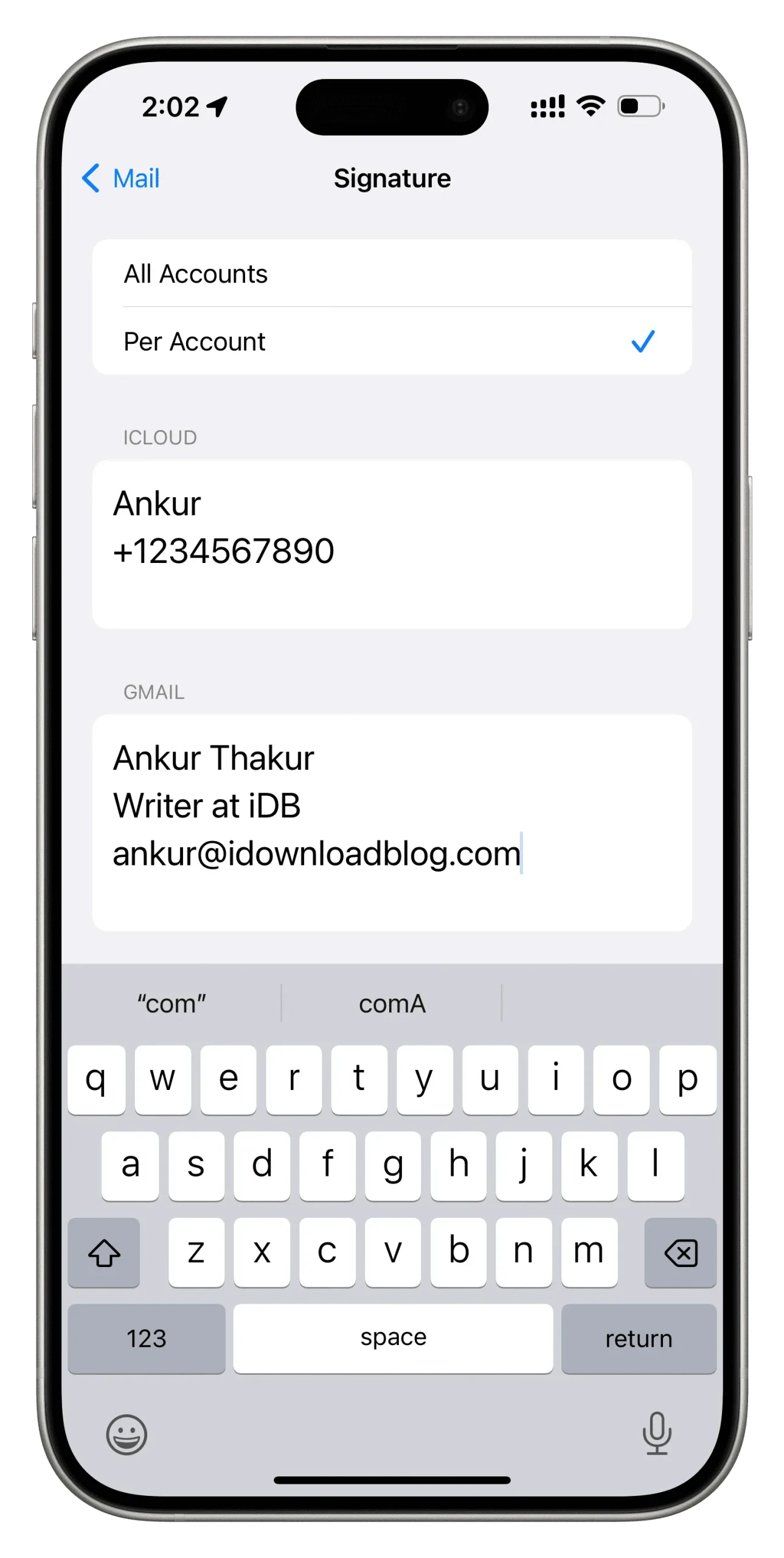 Signatur per konto för Apple Mail-appen på iPhone