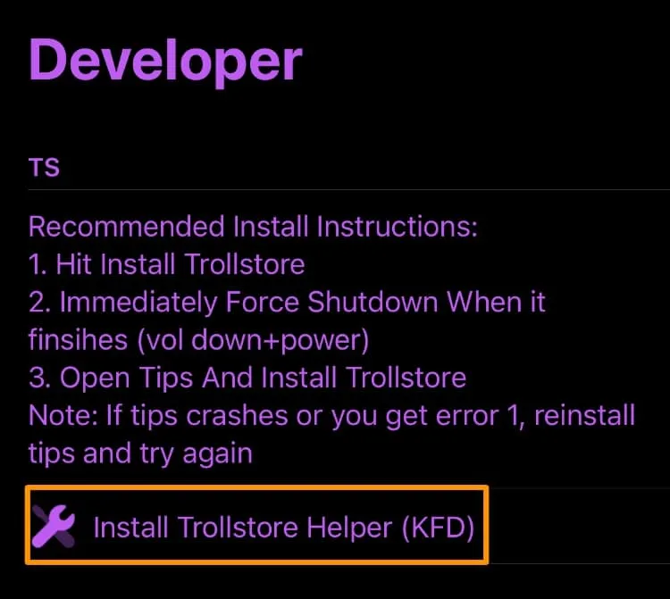 Instale el botón TrollStore Helper en PureKFD.