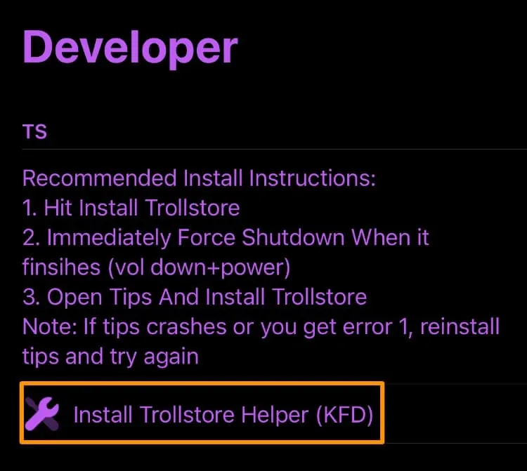 PureKFD に TrollStore Helper ボタンをインストールします。