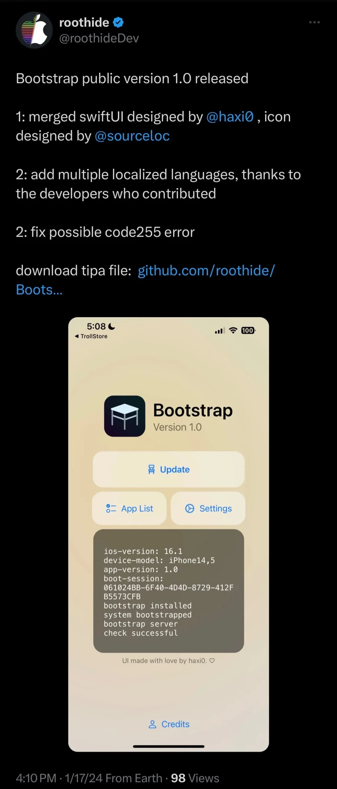 RootHides utvecklingsteam tillkännagav RootHide bootstrap ur beta.