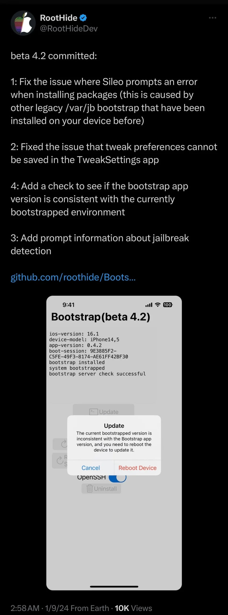 RootHide ブートストラップ v4.2 がリリースされました。