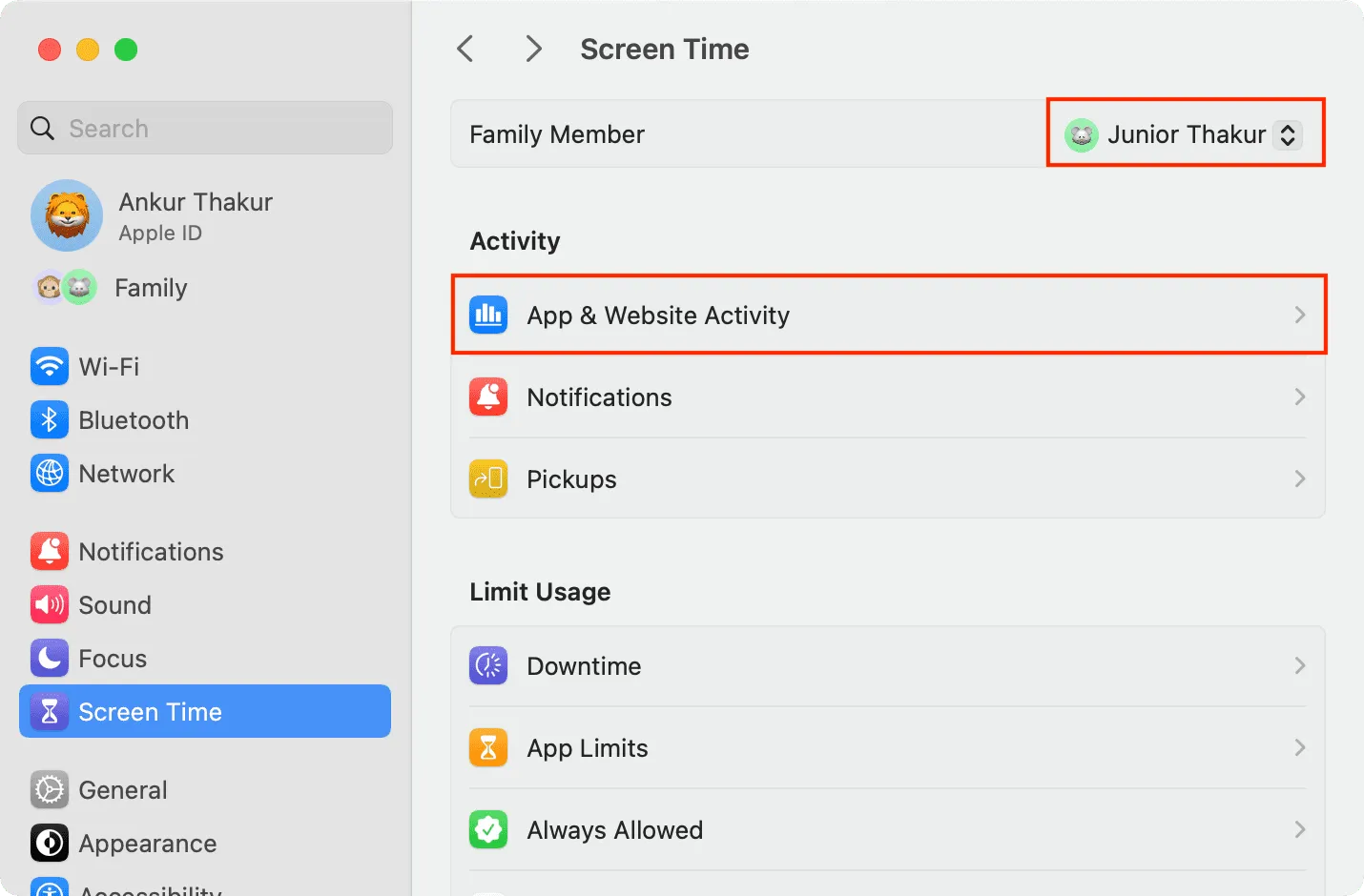 Select Family Member and click App and Website Activity Select Family Member and click App and Website Activity