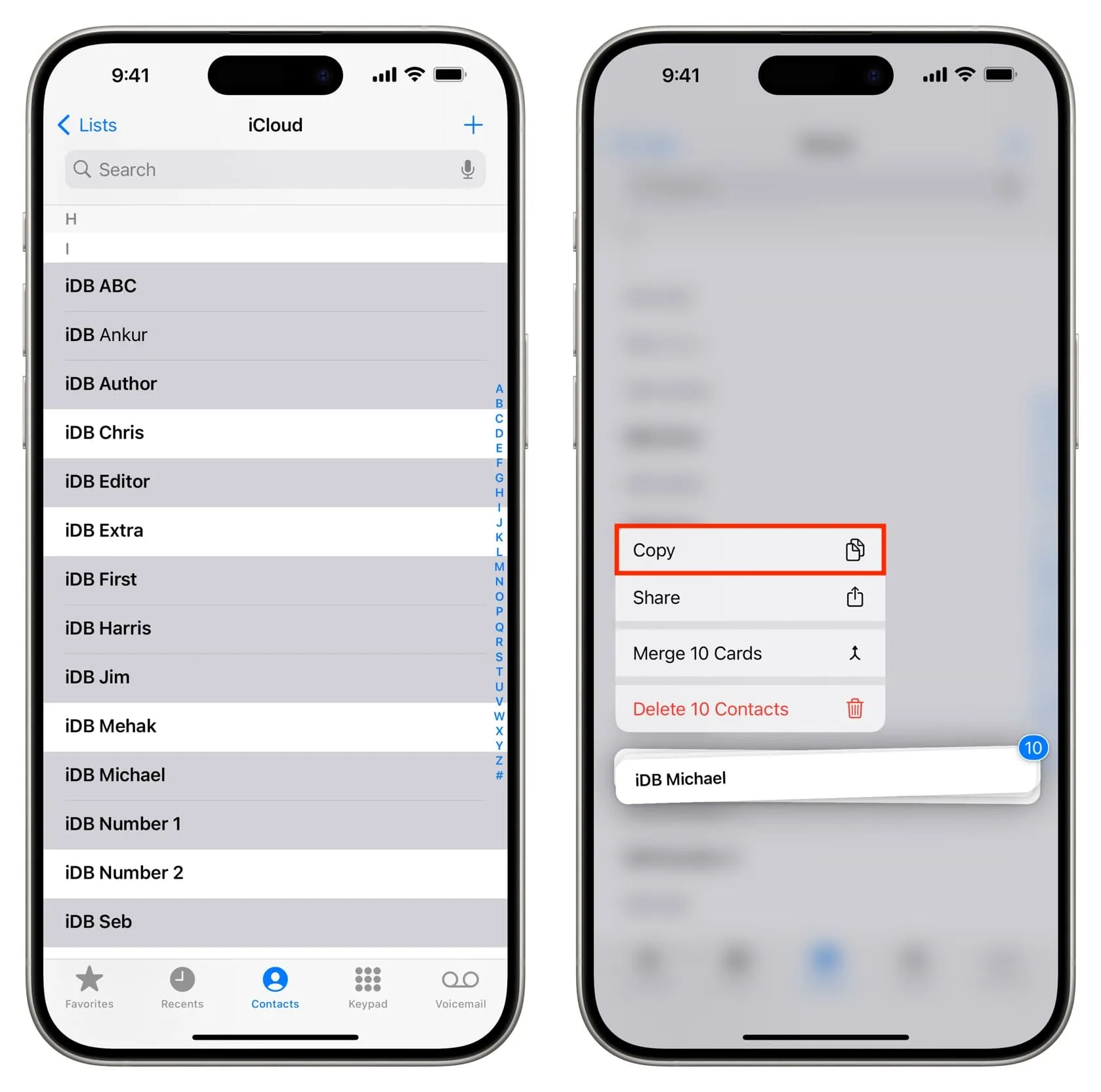 Selecione vários contatos e toque em Copiar no iPhone