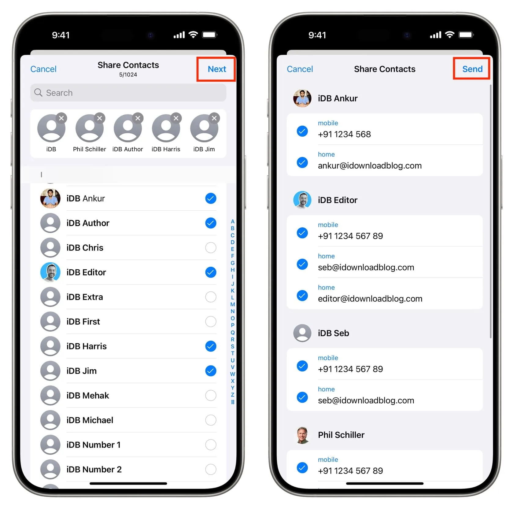 Sélectionnez plusieurs contacts et appuyez sur Envoyer pour les partager via WhatsApp