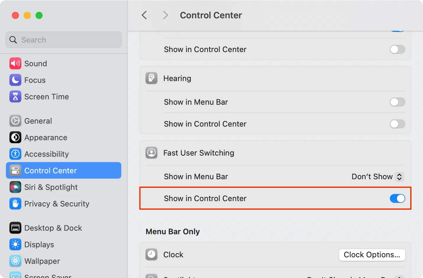 Mostrar cambio rápido de usuario en el Centro de control en Mac
