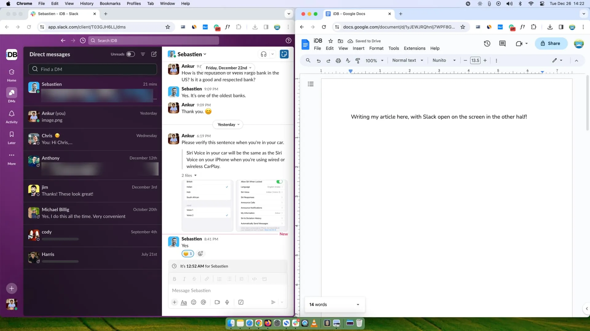 Slack et Google Docs s'ouvrent en demi-écran sur Mac